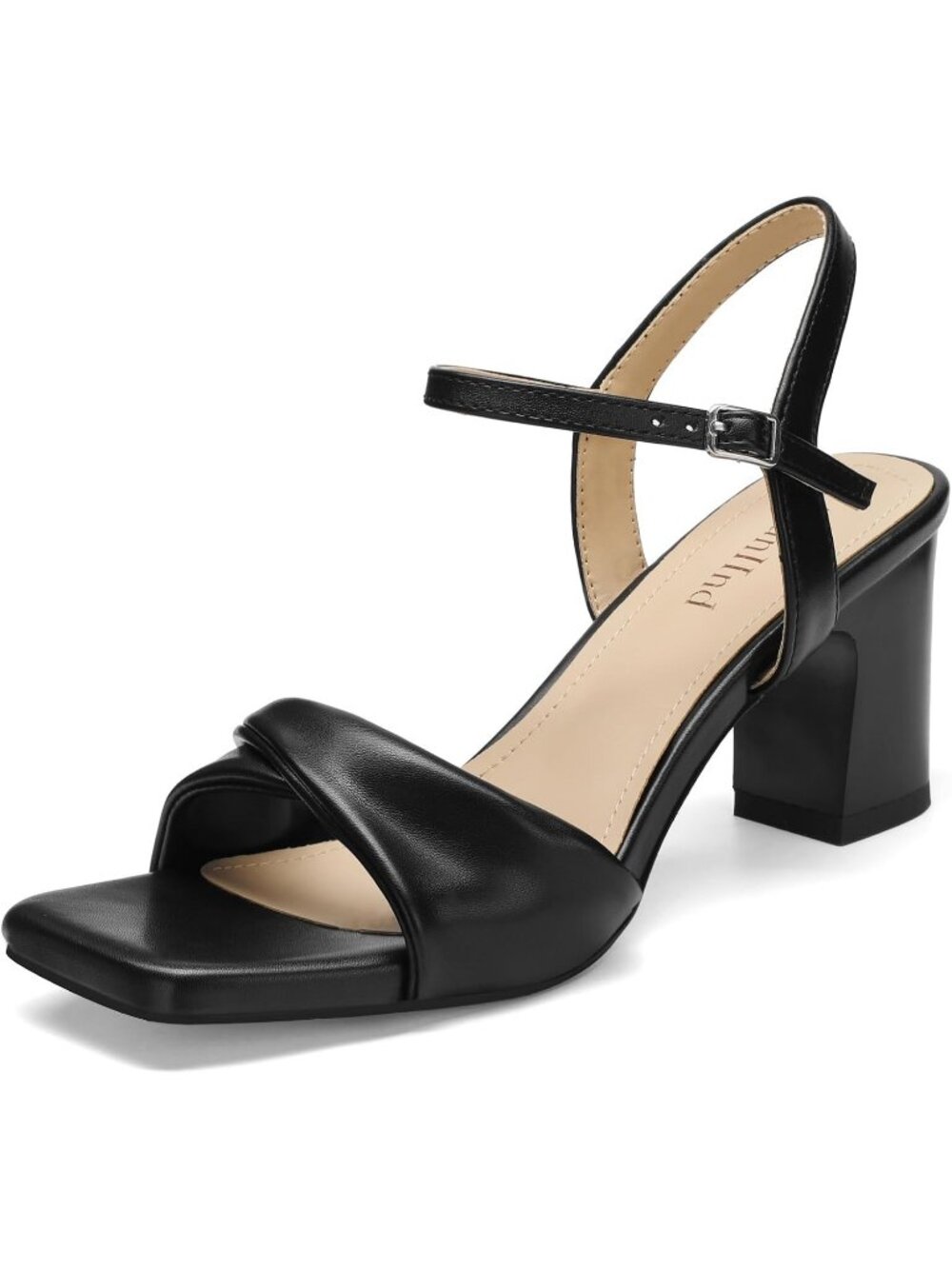 Women's Black Square Open Toe Chunky Strappy Ankle Strap Low Heel Heeled Sandals